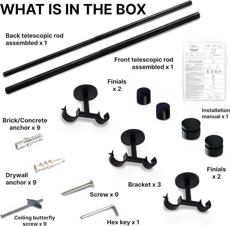 A Key Tech Ceiling Mounted Double Curtain Rod, Heavy Duty Black Double Curtain Rod, Drapery Holder with Three Ceiling Mount Brackets and Installation Hardware Included (Matte Black, 48-84") - Image 3